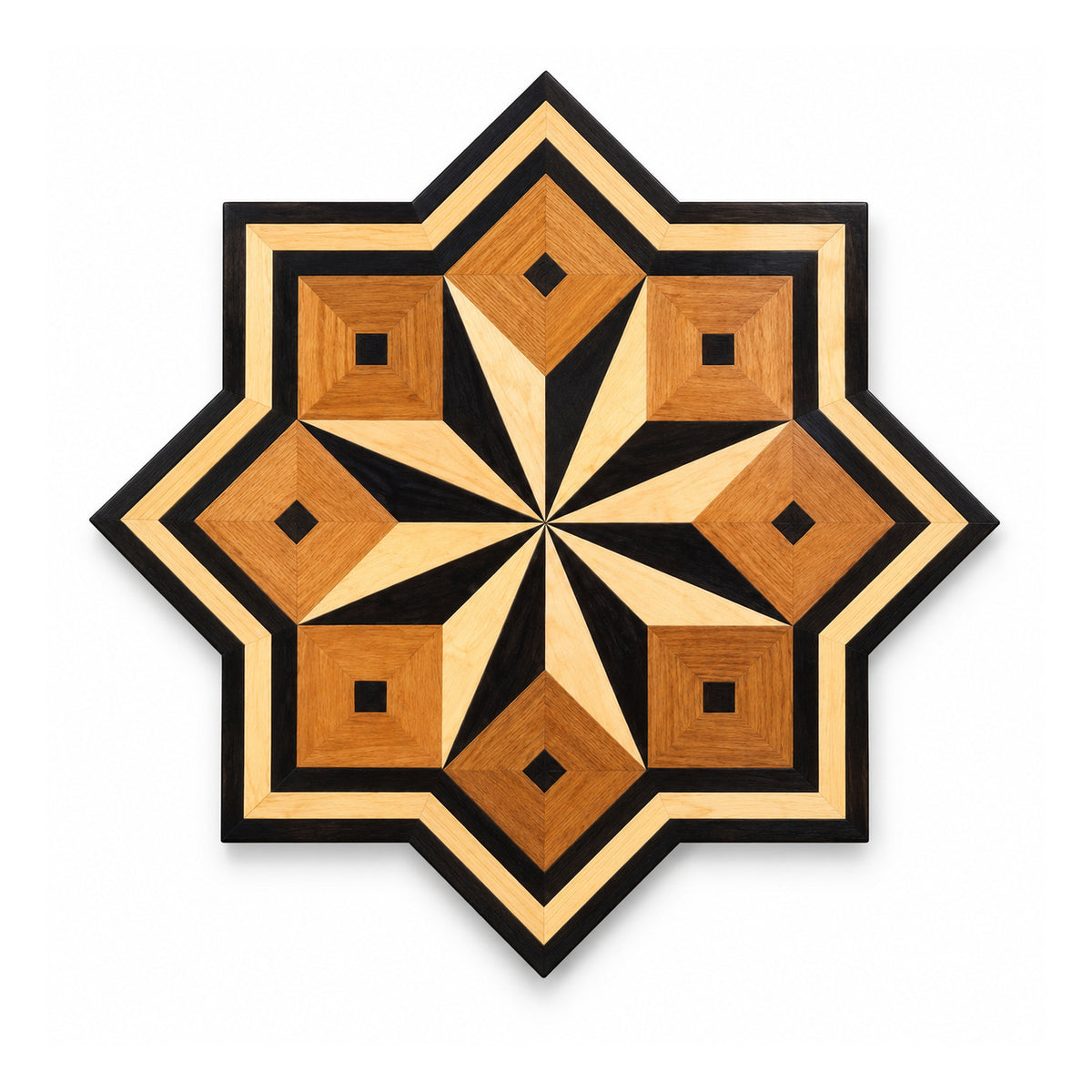 Eight-point wooden geometric star wall art panel with layered black and honey-tone diamond inlay patterns