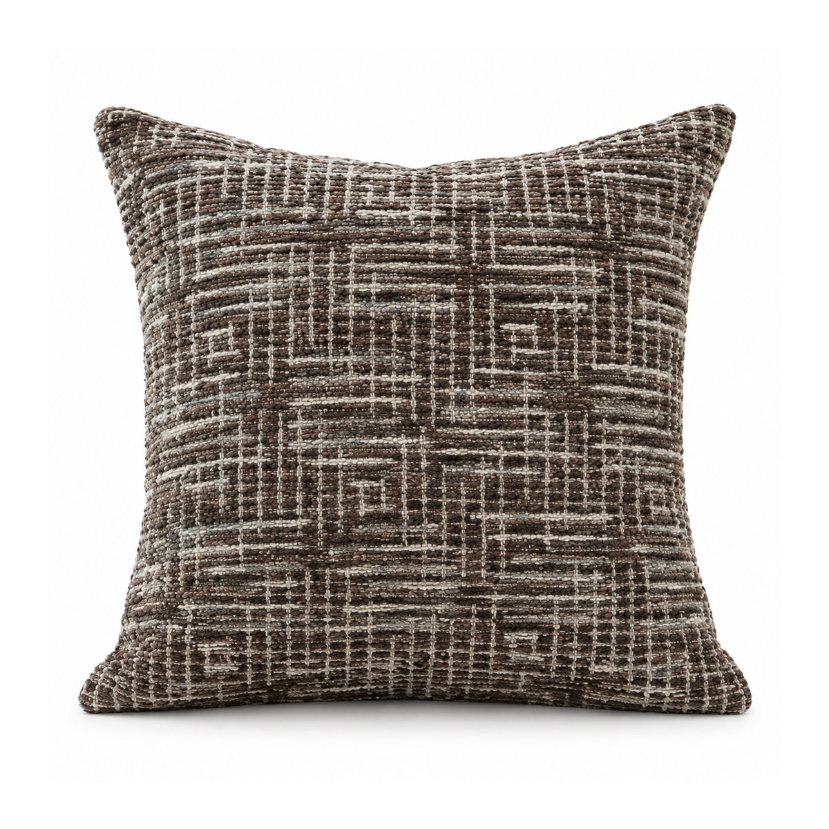 Primeval espresso brown and ivory cushion with dense interlocking linear maze and crosshatch grid motifs