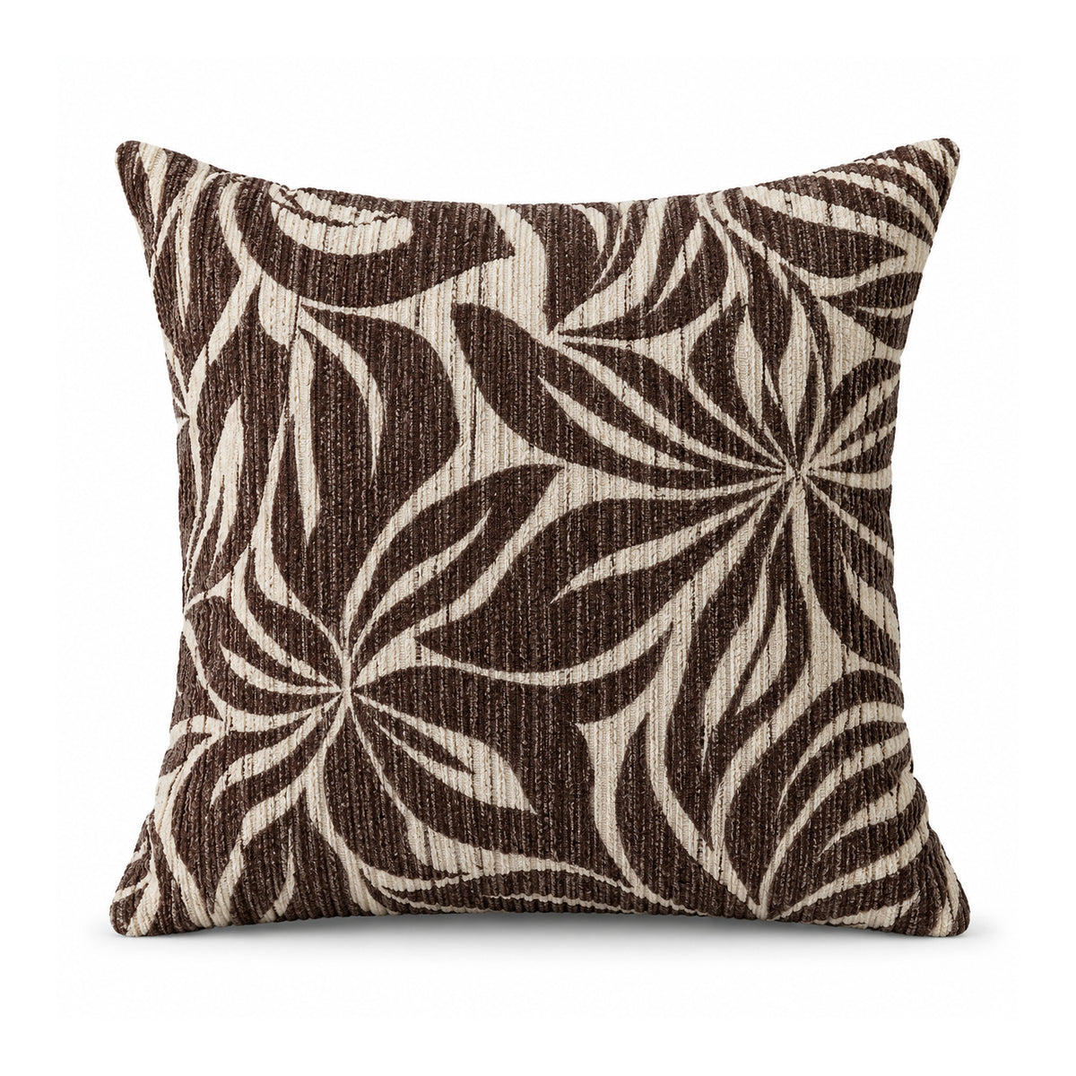 Primeval espresso brown and ivory decorative cushion cover with large overlapping tropical foliage silhouettes