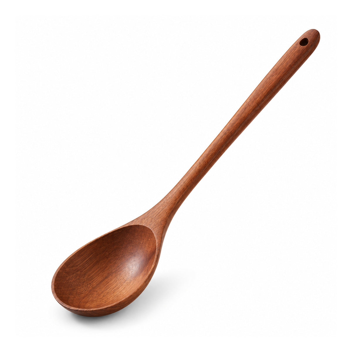 Extra-long brown wooden stirring spoon with oval bowl, narrow handle and hanging hole at the end
