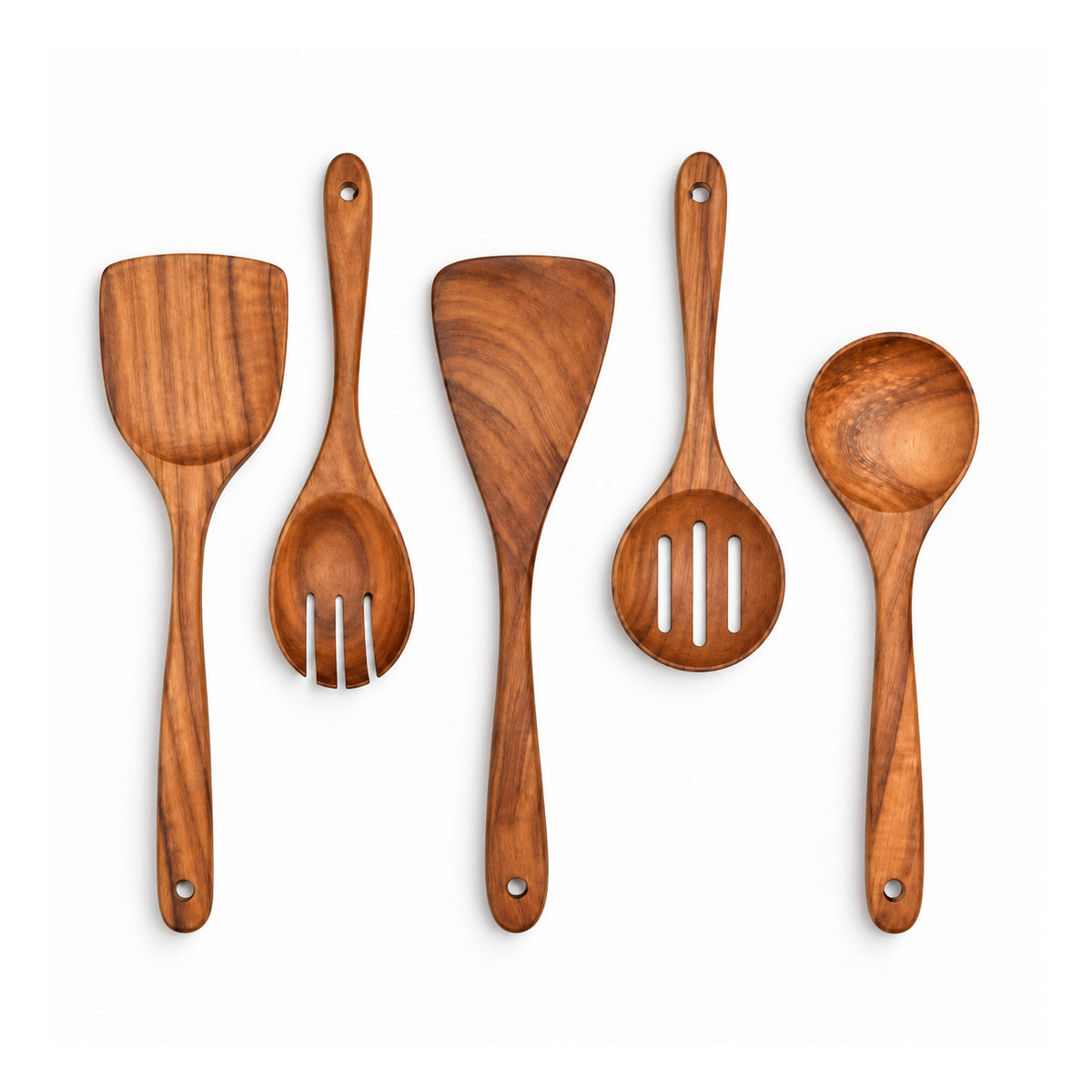 Five brown wooden cooking utensil designs including flat turners, a slotted spoon, a pasta fork and a rounded spoon