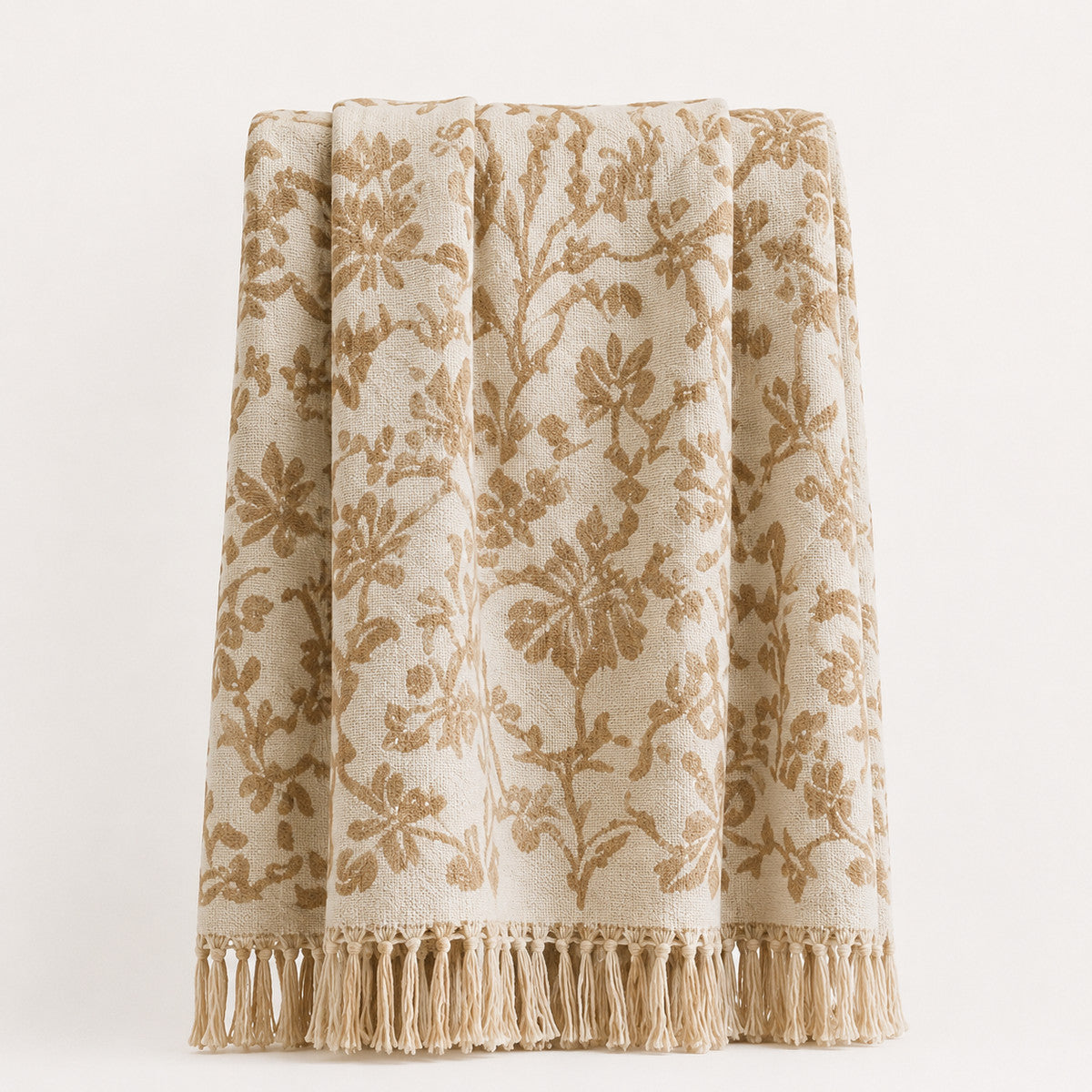 Ivory and Beige Floral Jacquard Throw with Fringe - Primeval