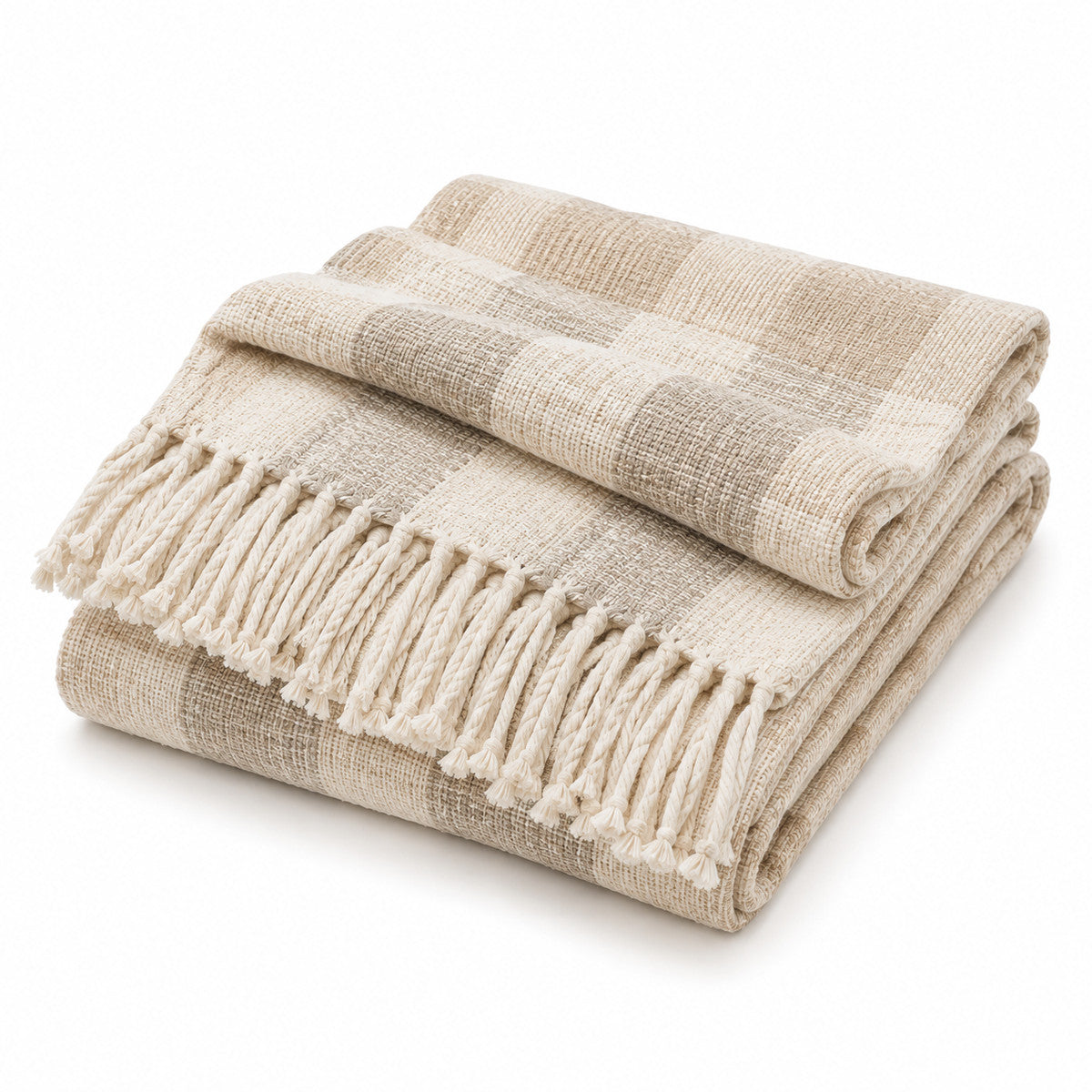 Beige Checkered Woven Throw with Fringe - Primeval