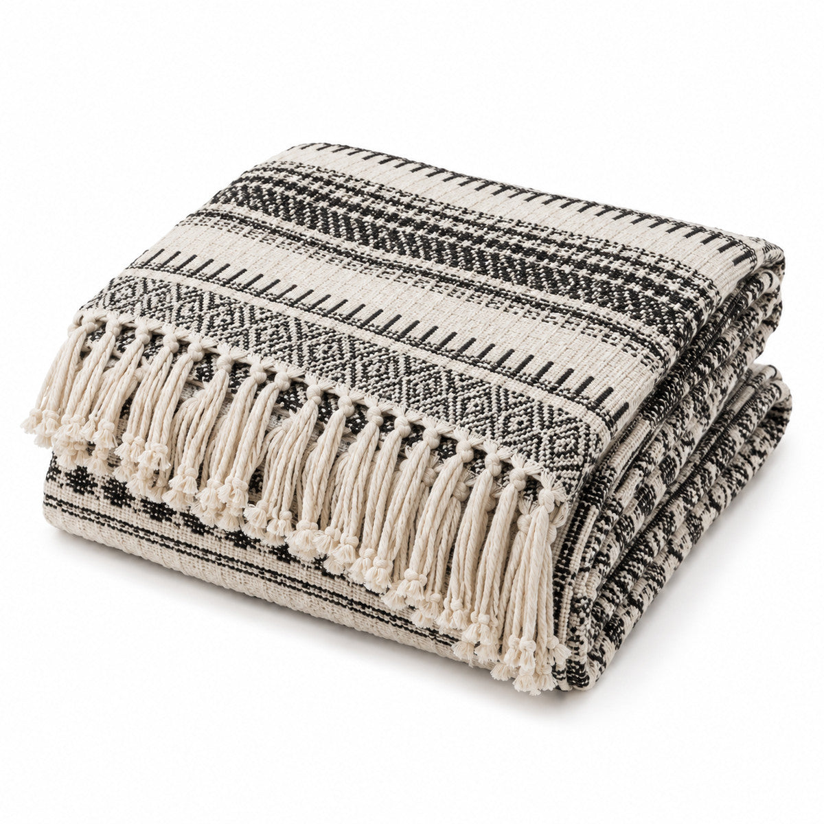 Black and Ivory Geometric Woven Throw with Fringe - Primeval