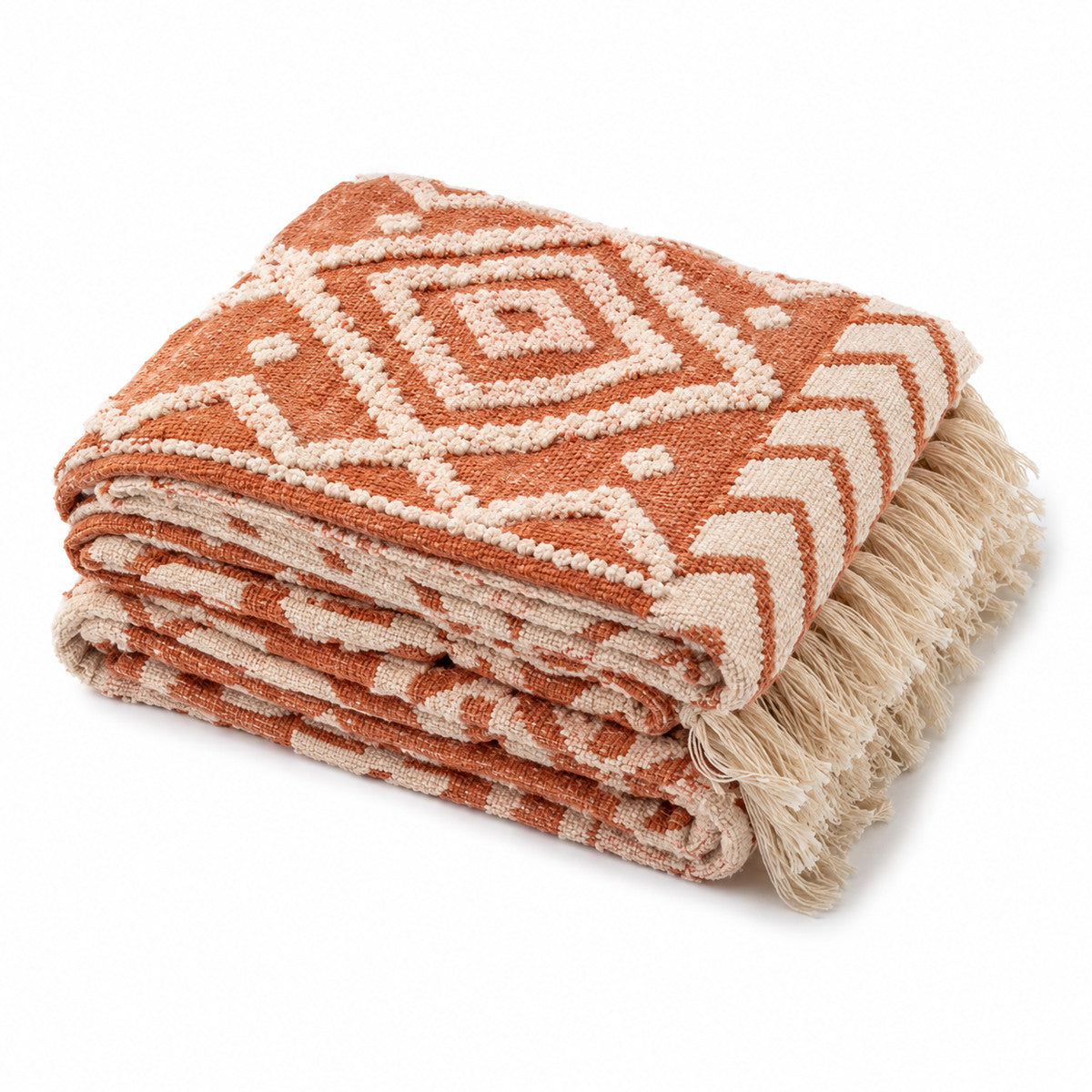 Terracotta Geometric Woven Throw with Fringe - Primeval