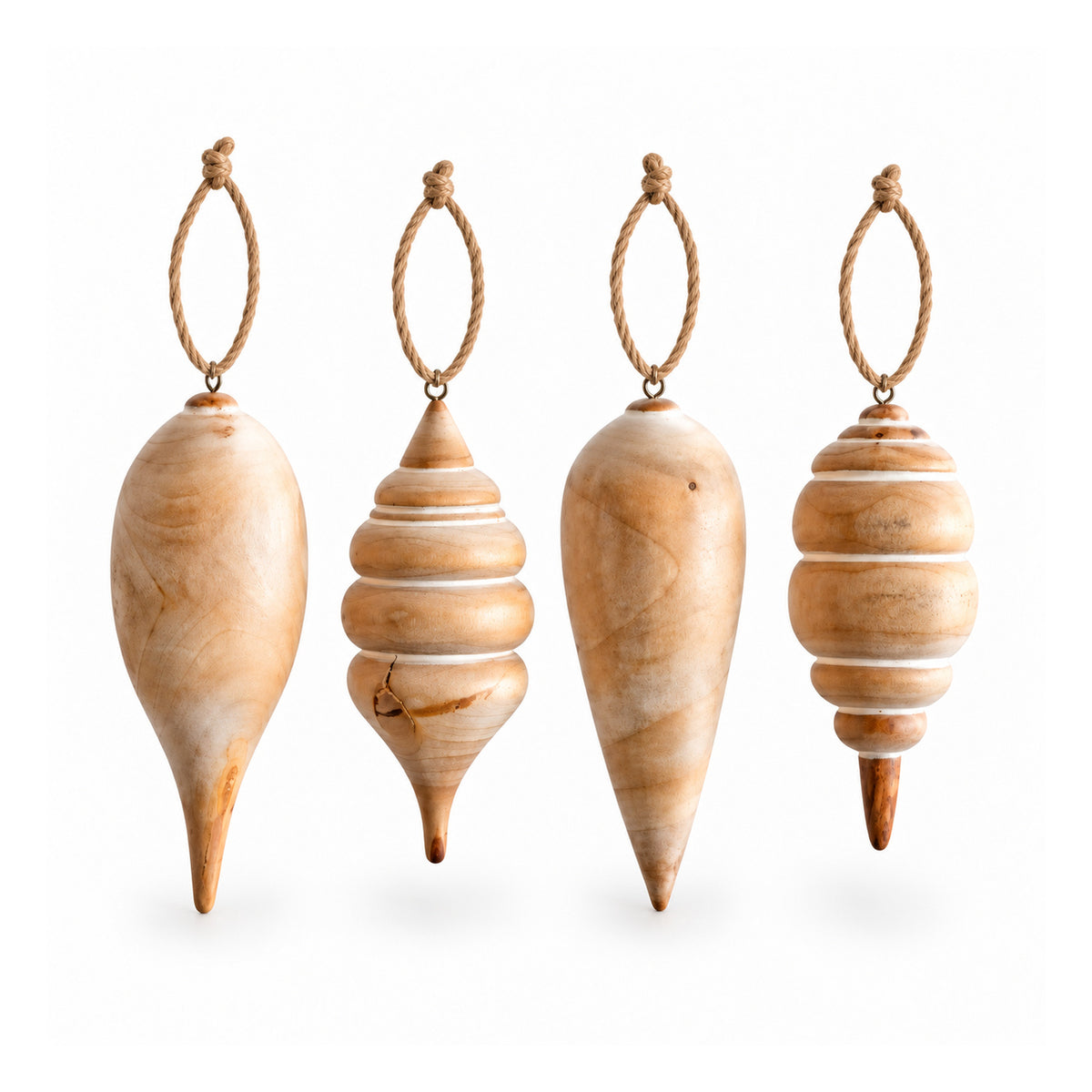 Four tapered and ribbed turned wooden Christmas hanging ornaments with rustic twine loops
