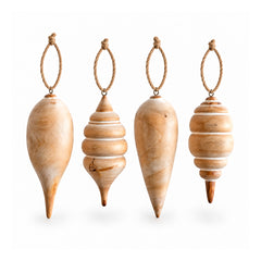 Four tapered and ribbed turned wooden Christmas hanging ornaments with rustic twine loops