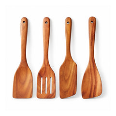 Four warm-brown wooden kitchen spatulas and turners with varied flat or slotted heads and long hanging-hole handles
