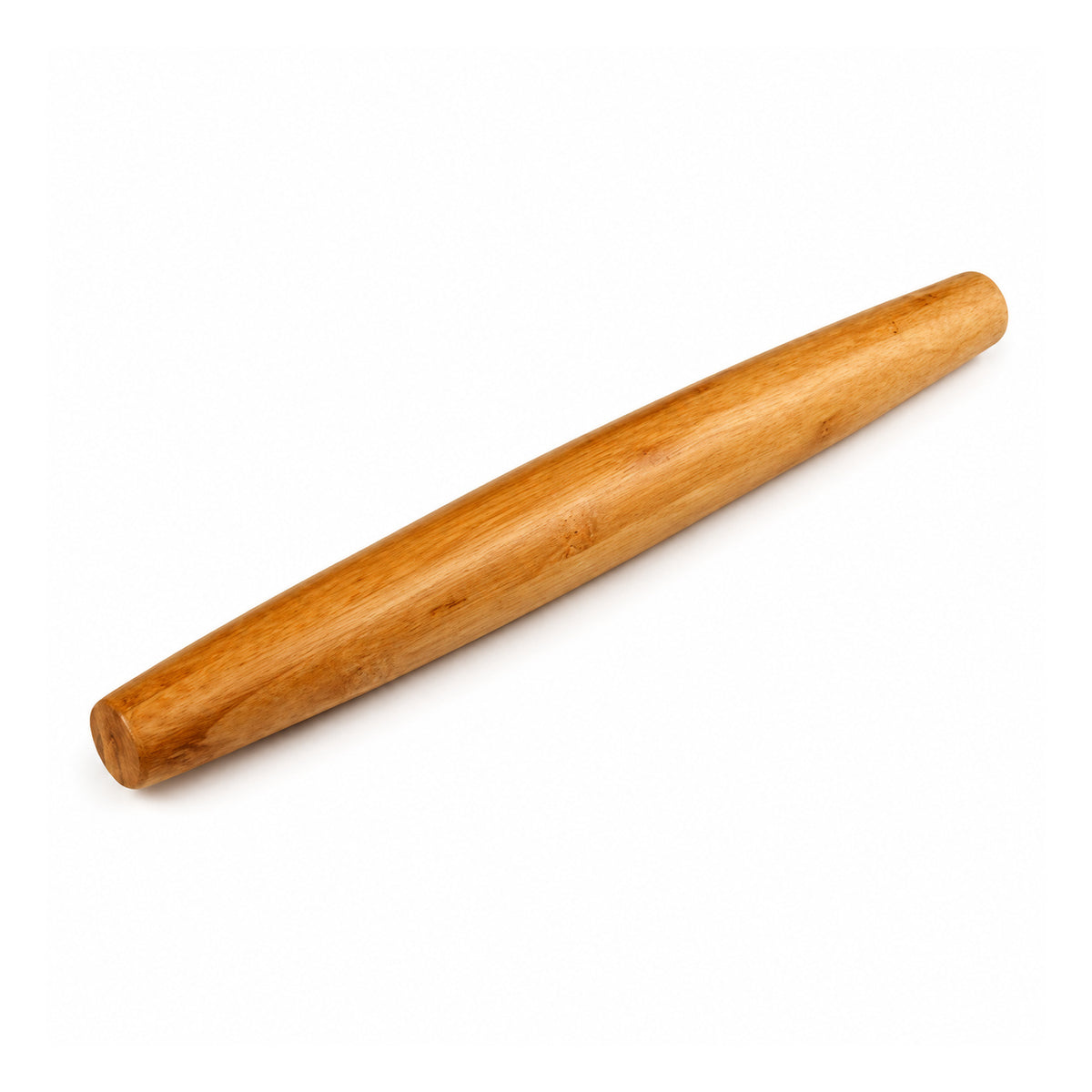 Single handleless French-style wooden rolling pin with a full golden-brown cylindrical middle and tapered ends