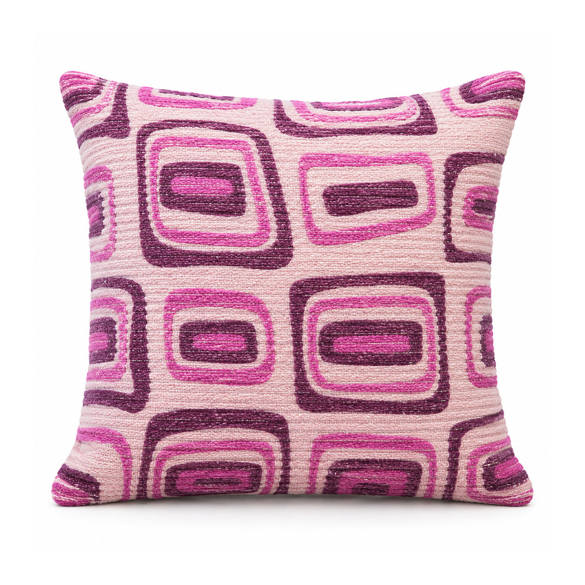 Primeval fuchsia magenta and pale pink cushion cover featuring a repeating rounded-rectangle retro geometric pattern