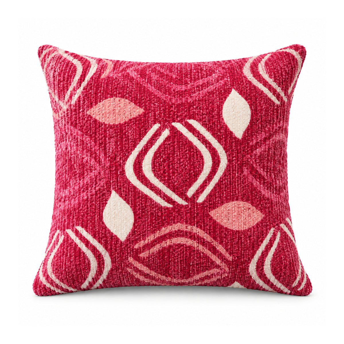 Primeval fuchsia pink decorative cushion cover with contrasting pale pink retro abstract geometric shapes
