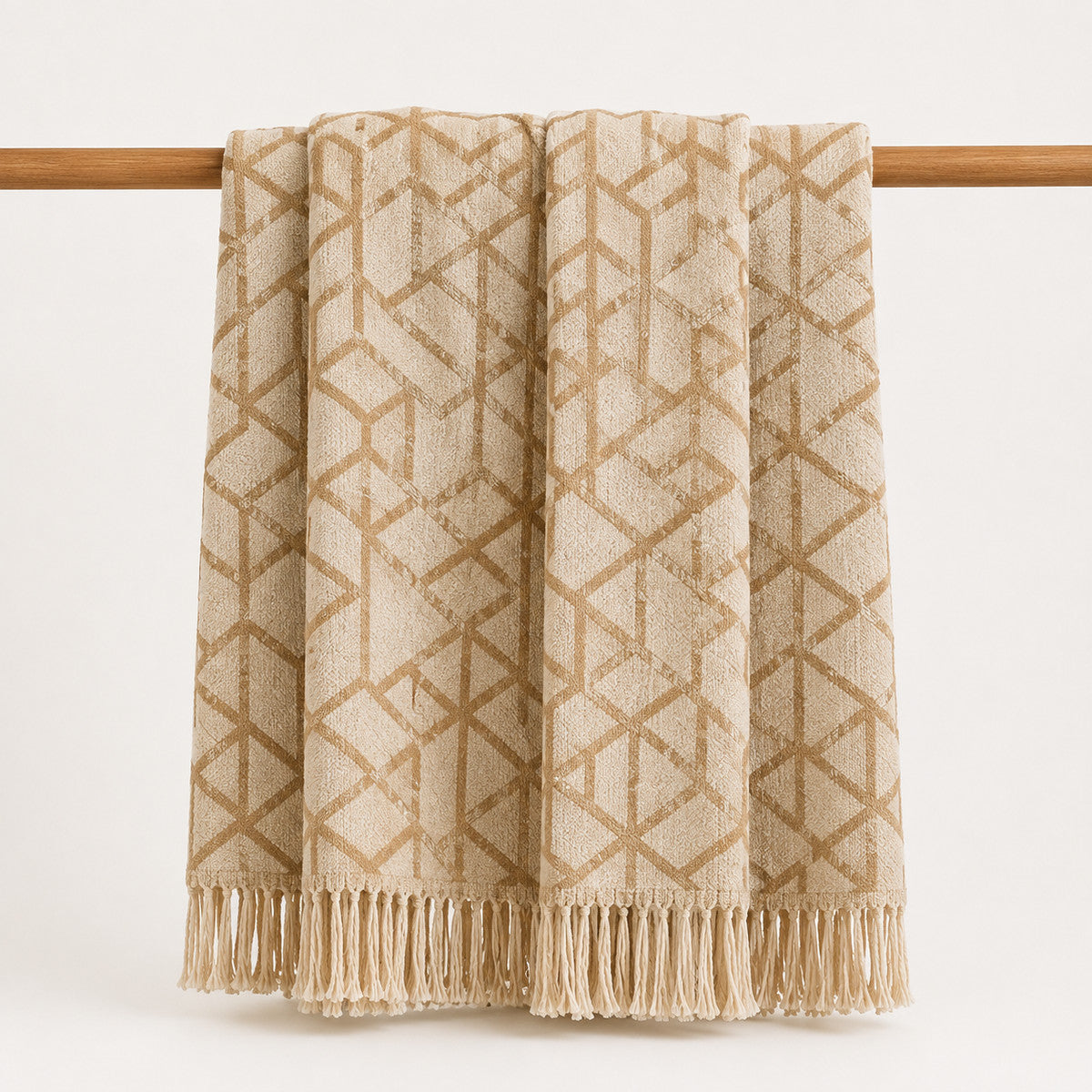 Beige Geo Cube Jacquard Throw with Fringe - Primeval