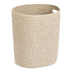 Geometric cotton and jute laundry basket on a clean white background