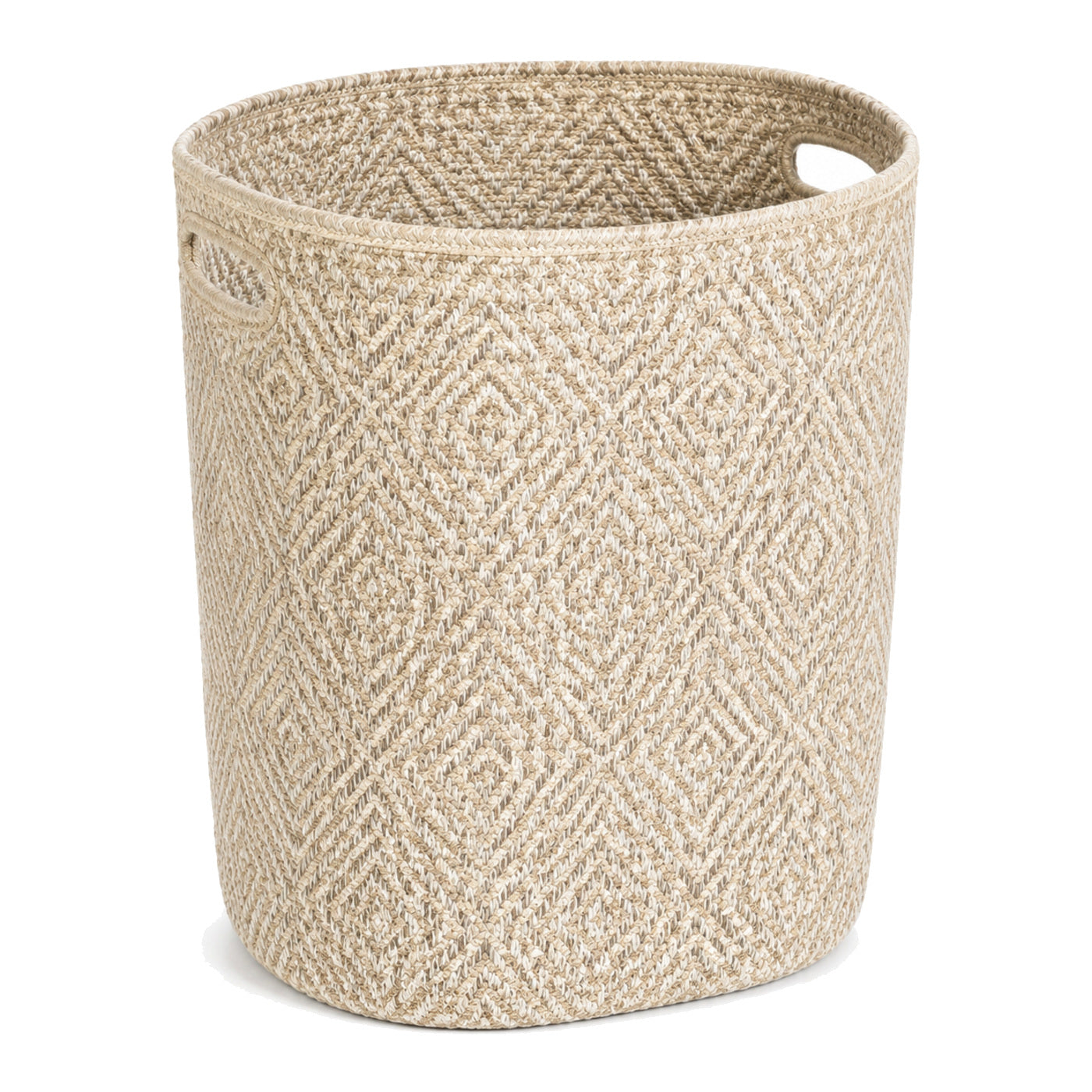 Geometric cotton and jute laundry basket on a clean white background