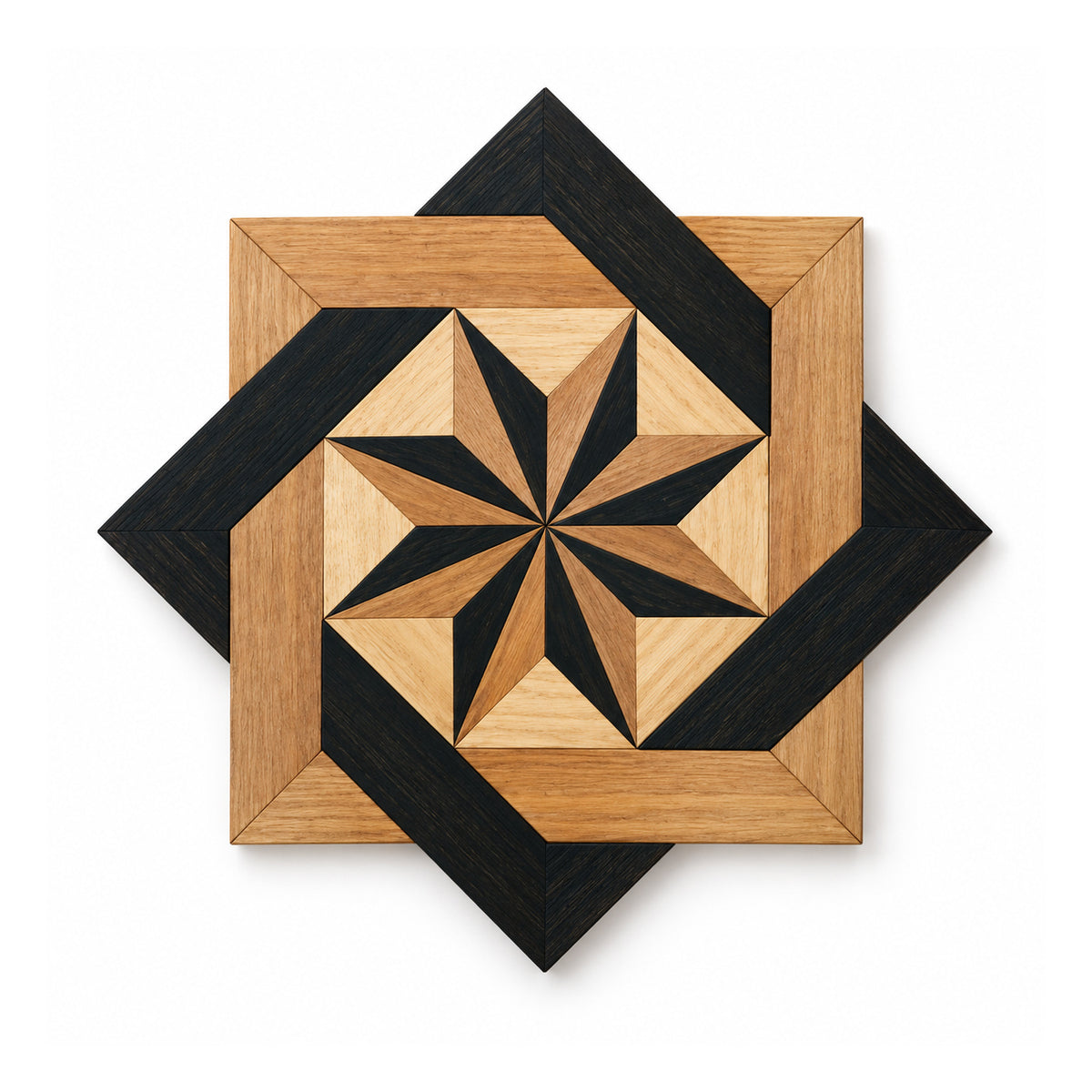 Square layered wooden wall art with overlapping black and natural-wood frames and an eight-point geometric pinwheel star