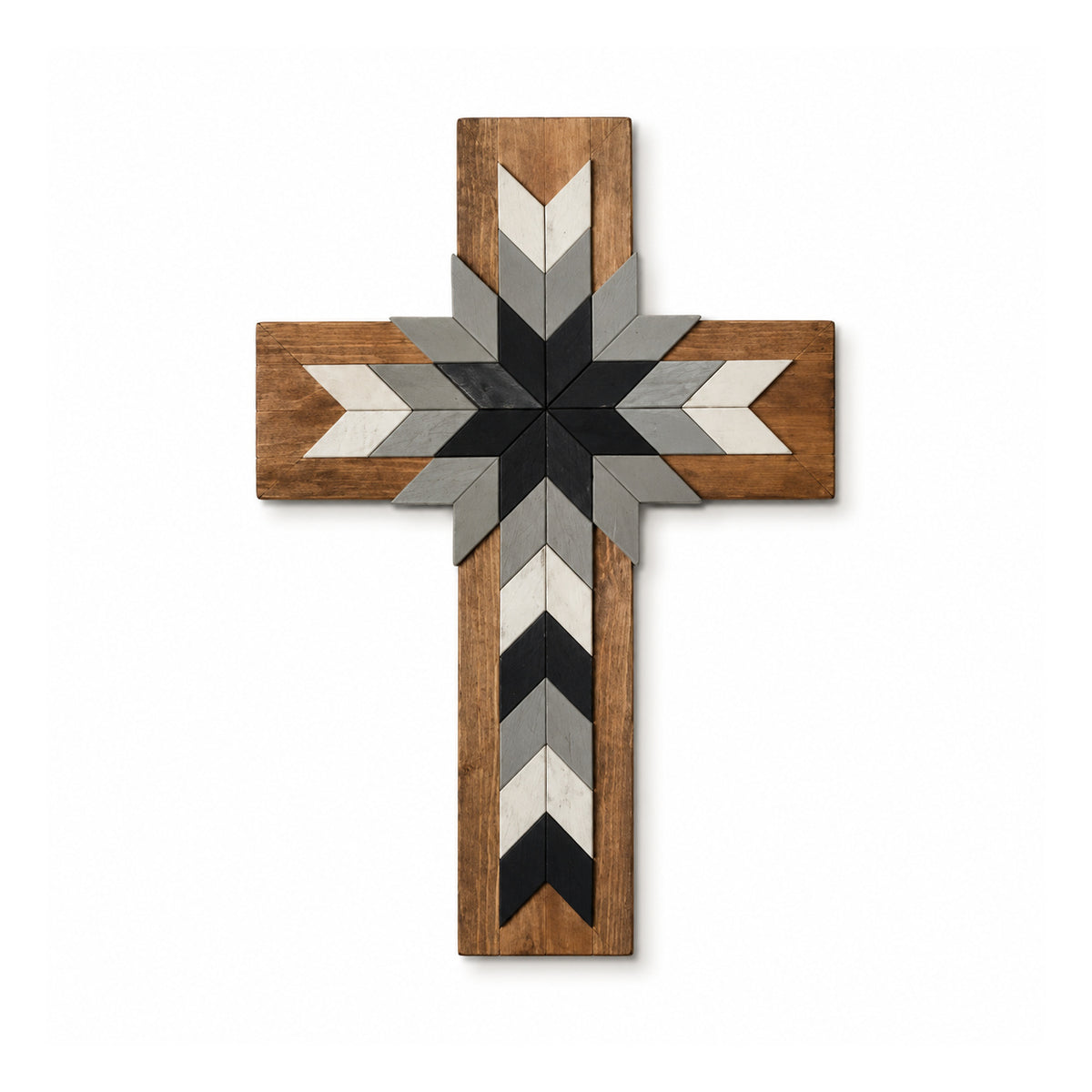 Wooden Christian cross wall decoration with layered black, grey and natural-brown chevrons forming a central geometric star