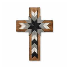 Wooden Christian cross wall decoration with layered black, grey and natural-brown chevrons forming a central geometric star