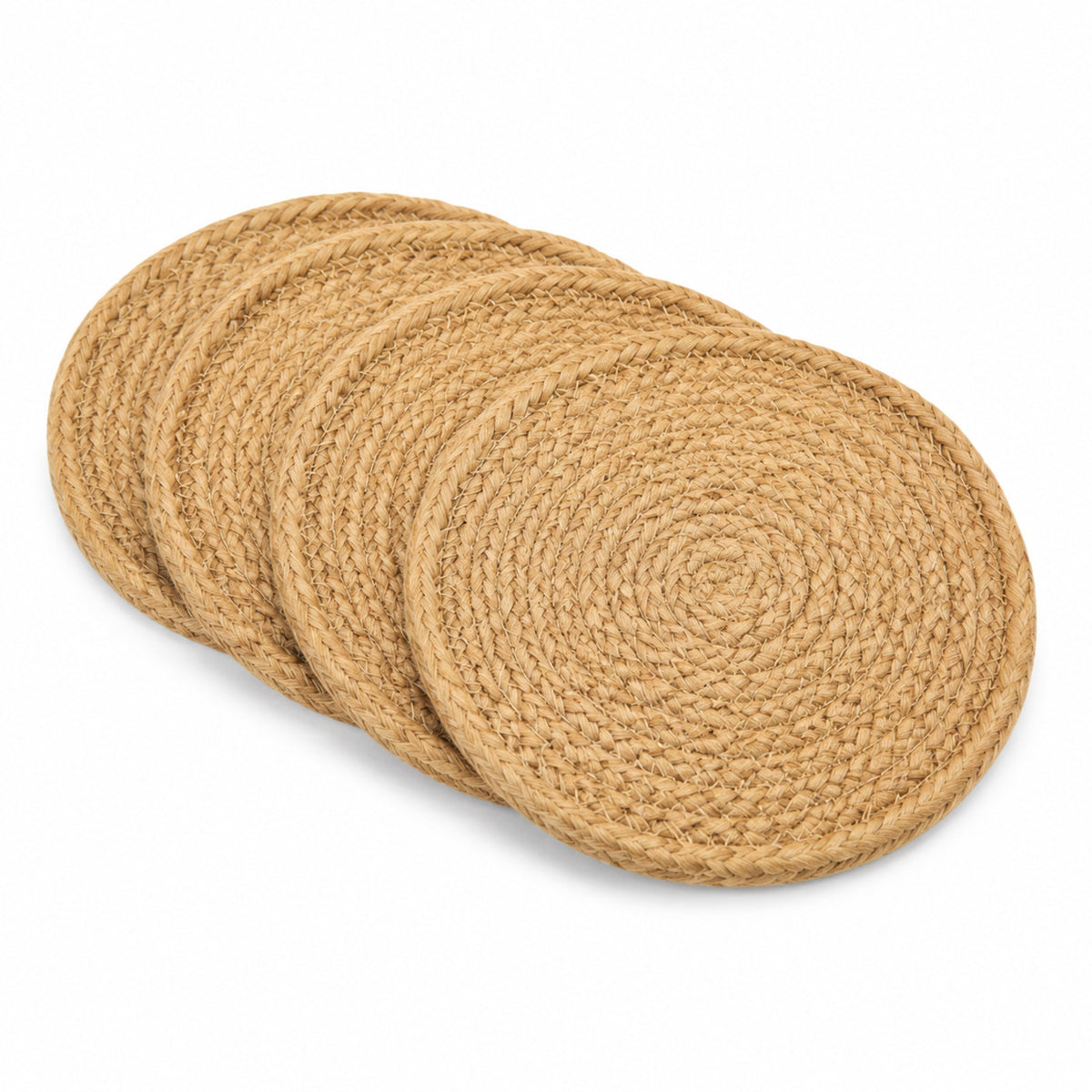 Golden beige jute coaster set on a clean white background