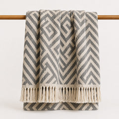 Grey and Cream Greek Key Jacquard Throw with Fringe - Primeval