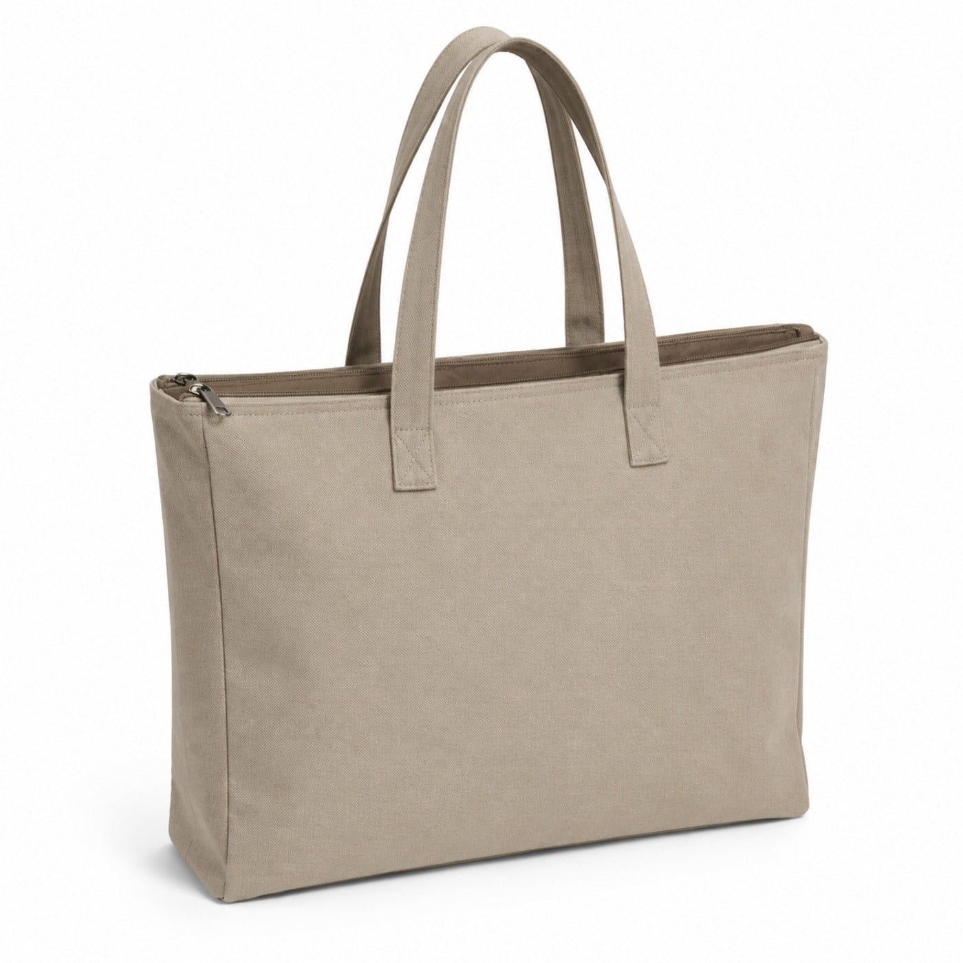 Greige canvas tote bag with zip-top closure, structured gusset and long handles on a white background.