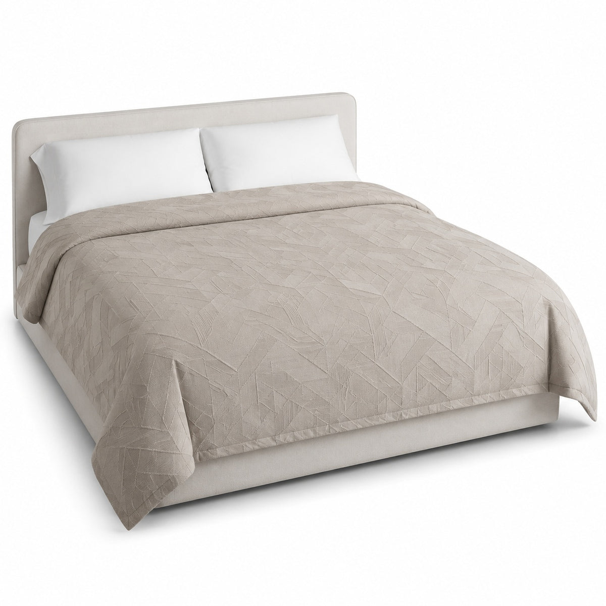Primeval greige geometric relief texture duvet cover displayed on a styled bed against a clean white studio background