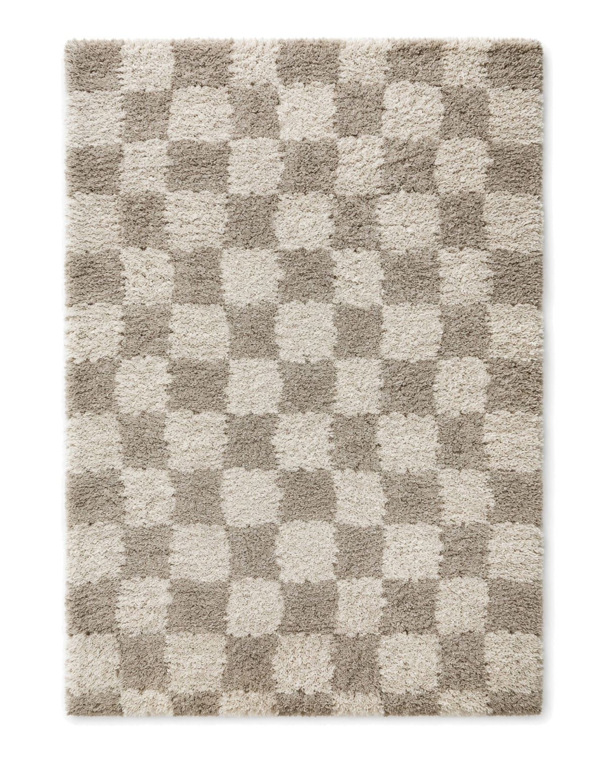 Greige and ivory shaggy area rug with a soft checkerboard pattern on a white background.