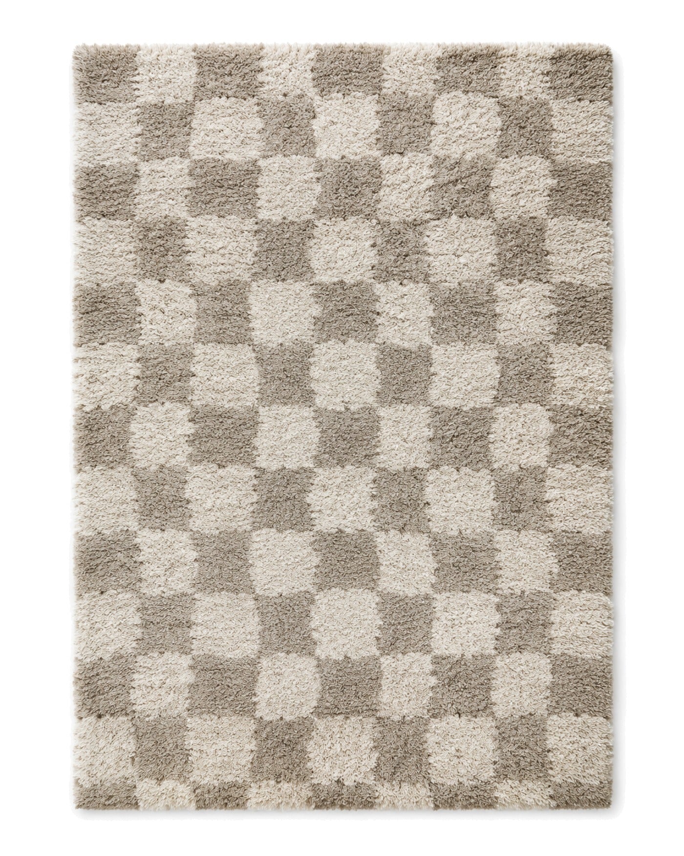 Greige and ivory shaggy area rug with a soft checkerboard pattern on a white background.