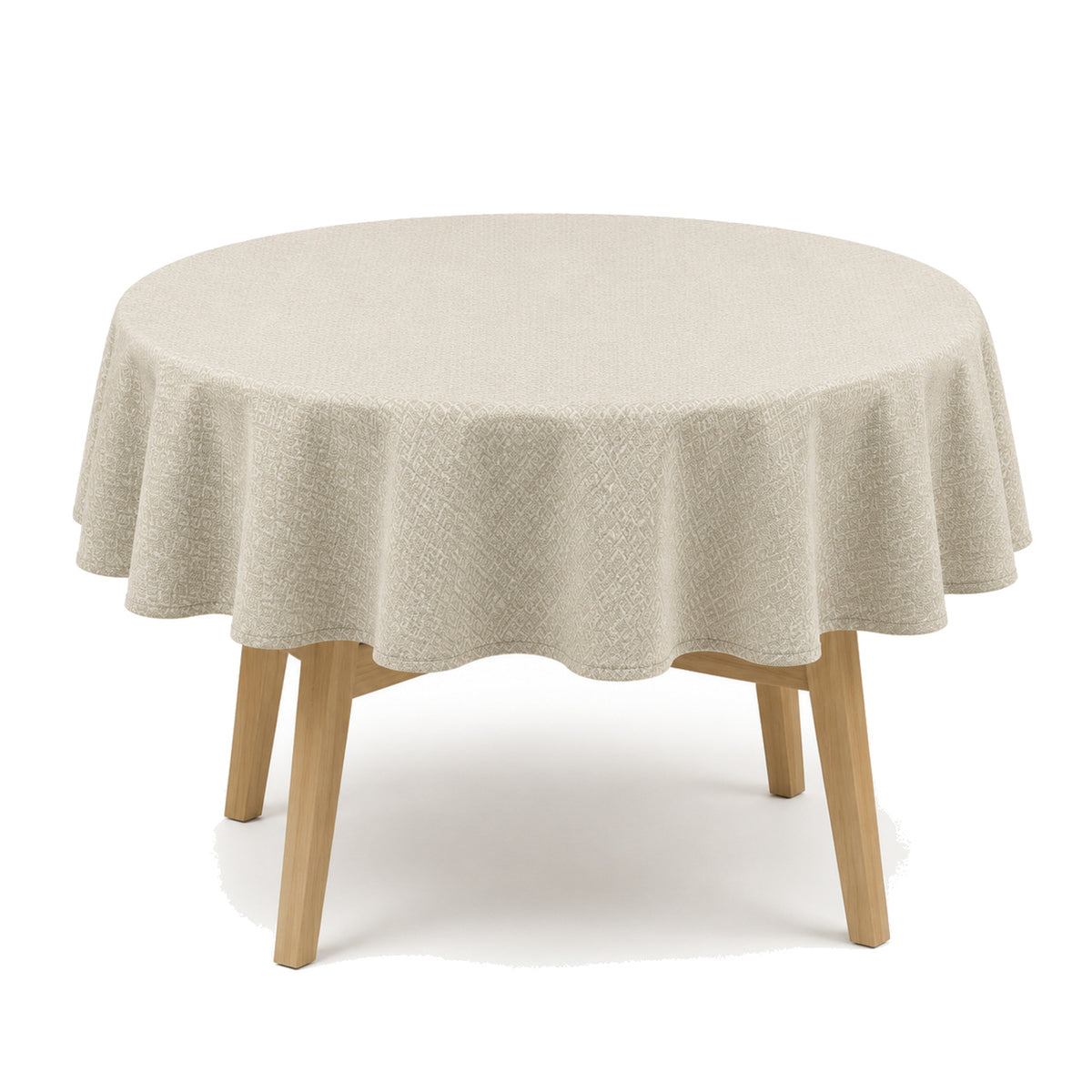 Primeval greige ivory geometric woven tablecloth displayed on a round dining table