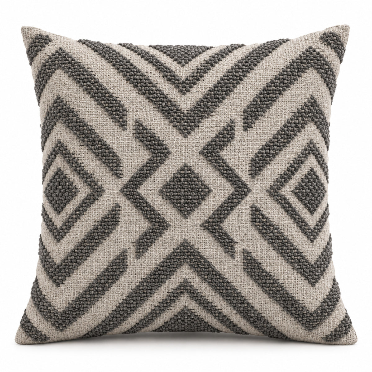 Grey and ivory decorative cushion with bold geometric diamond pattern