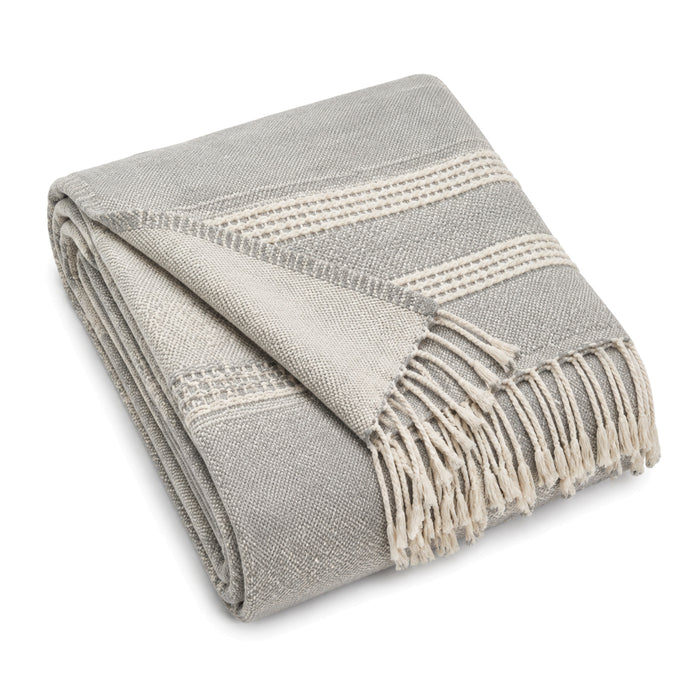 Grey and natural handwoven banded cotton throw with fringe 130×170 cm by Primeval