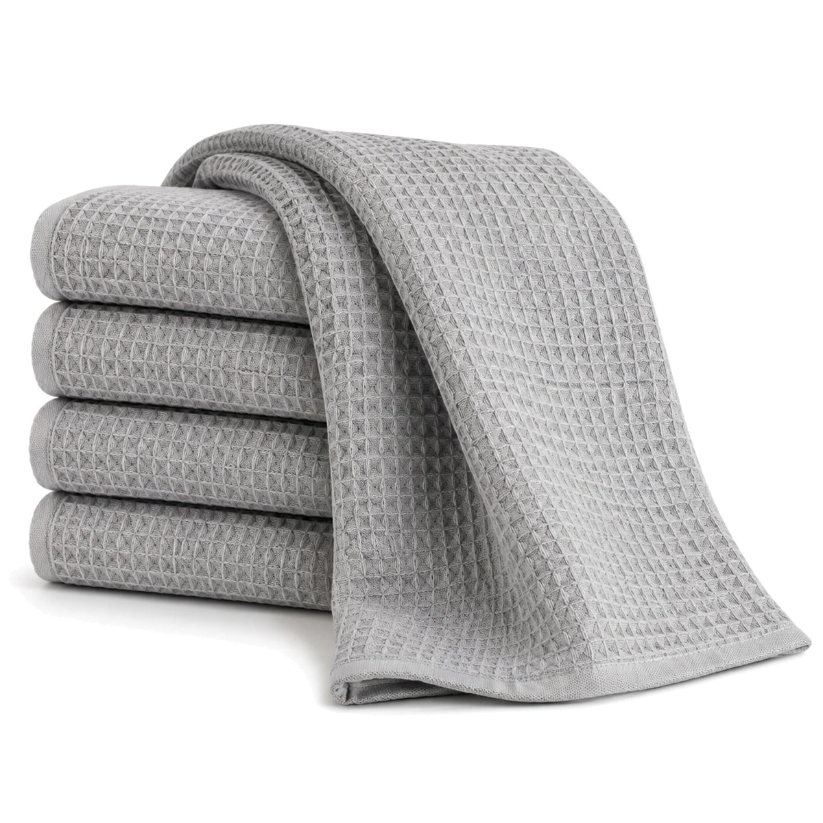 Primeval grey waffle texture cotton kitchen towel set in folded studio presentation