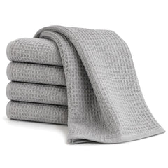 Primeval grey waffle texture cotton kitchen towel set in folded studio presentation