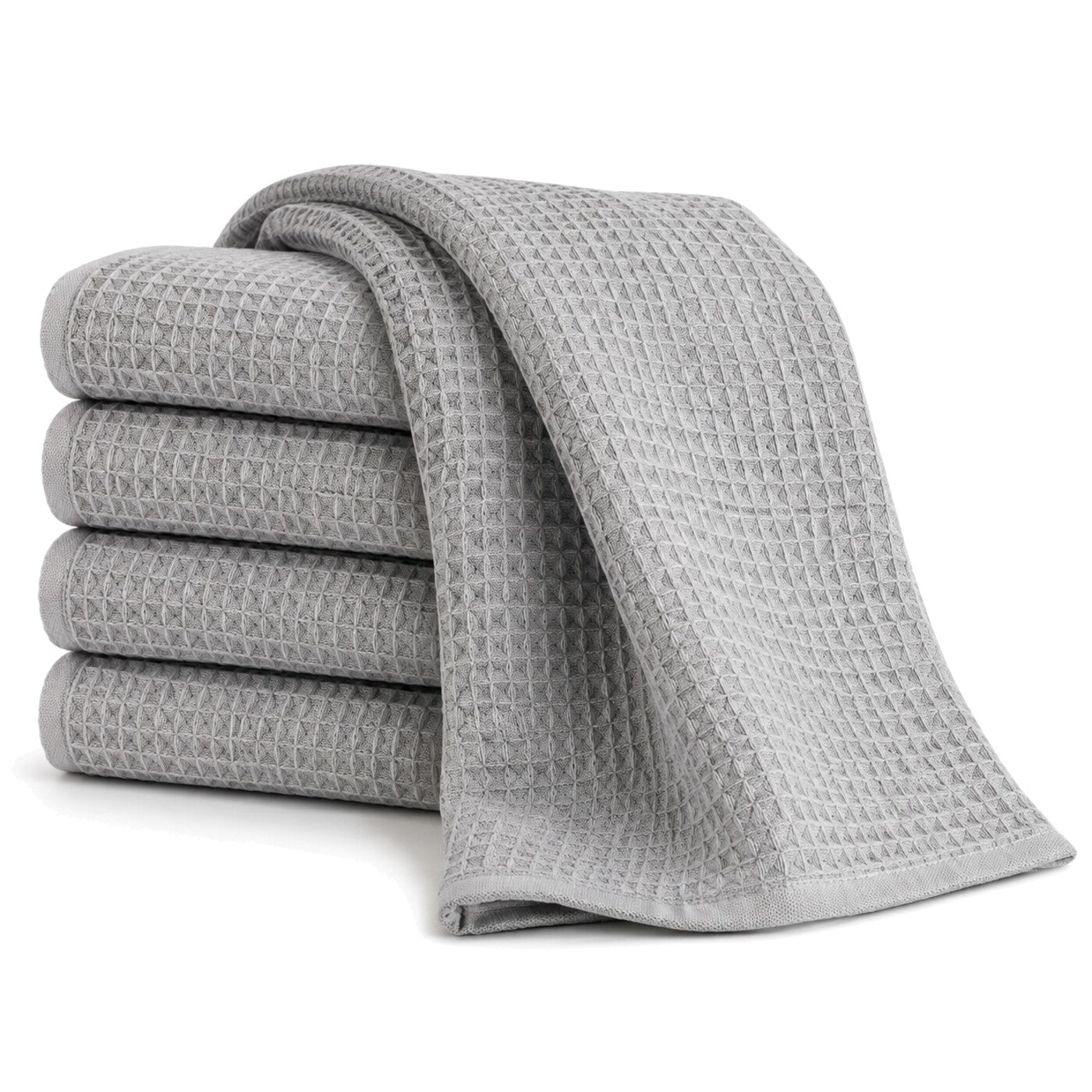 Primeval grey waffle texture cotton kitchen towel set in folded studio presentation