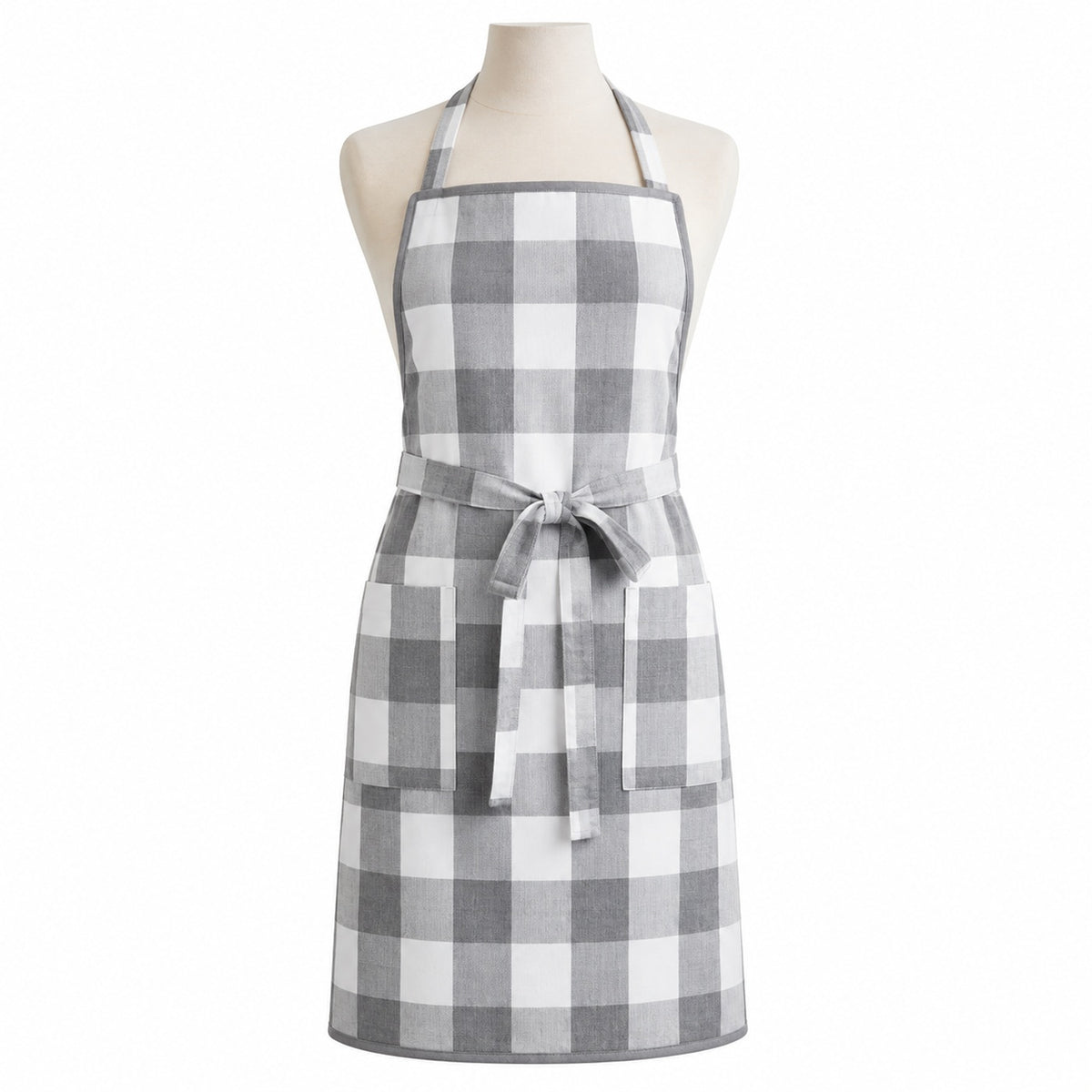 Primeval grey and white farmhouse check chef apron displayed on a dress form