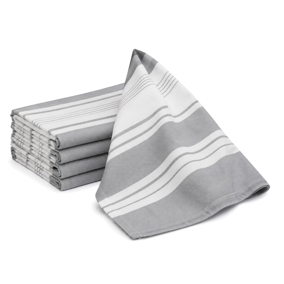 Primeval grey and white modern stripe cotton kitchen towel set in folded studio presentation