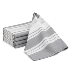 Primeval grey and white modern stripe cotton kitchen towel set in folded studio presentation