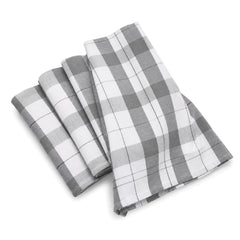 Primeval grey and white plaid check cotton kitchen towel set in folded studio presentation