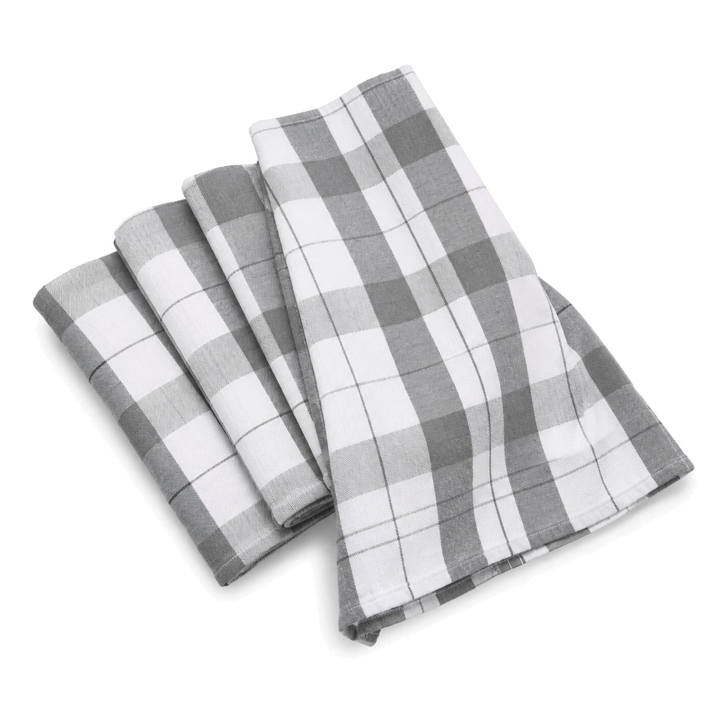 Primeval grey and white plaid check cotton kitchen towel set in folded studio presentation