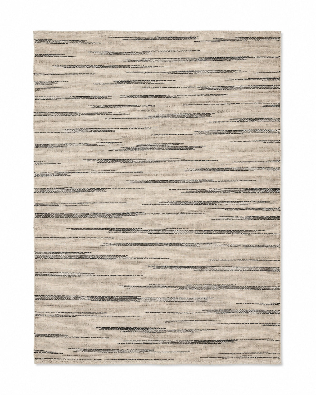 Black and ivory handwoven cotton rug with abstract broken horizontal stripes