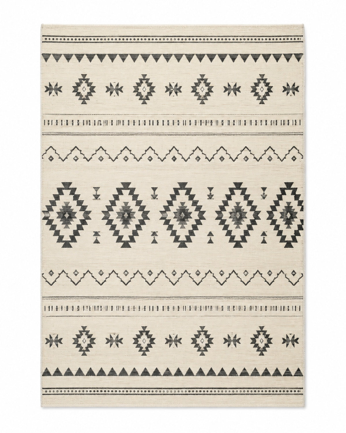 Black and ivory handwoven cotton rug with banded tribal geometric motifs