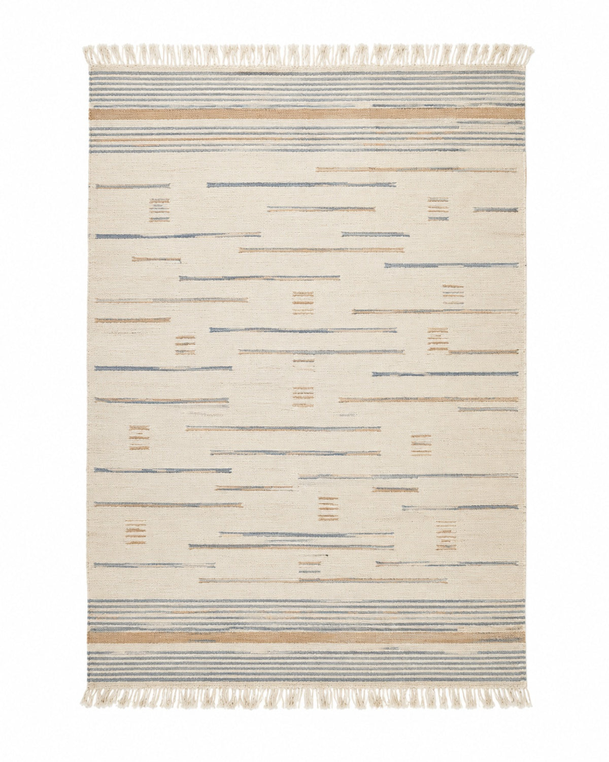 Blue and beige handwoven cotton rug with abstract dash pattern and fringe