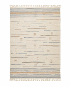 Blue and beige handwoven cotton rug with abstract dash pattern and fringe