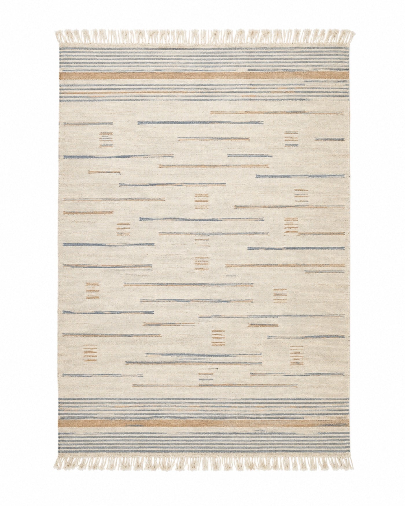 Blue and beige handwoven cotton rug with abstract dash pattern and fringe