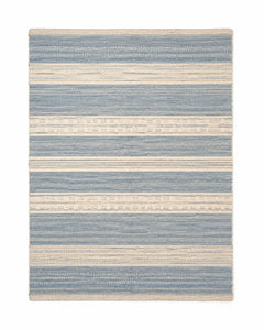 Blue and beige handwoven cotton rug with soft variegated horizontal stripes