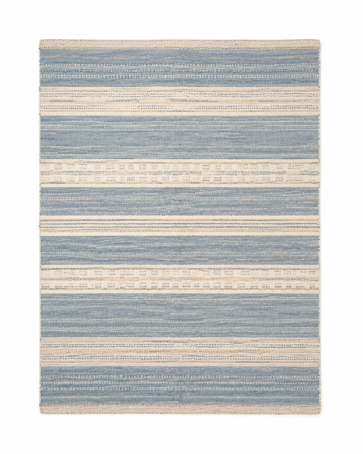Blue and beige handwoven cotton rug with soft variegated horizontal stripes