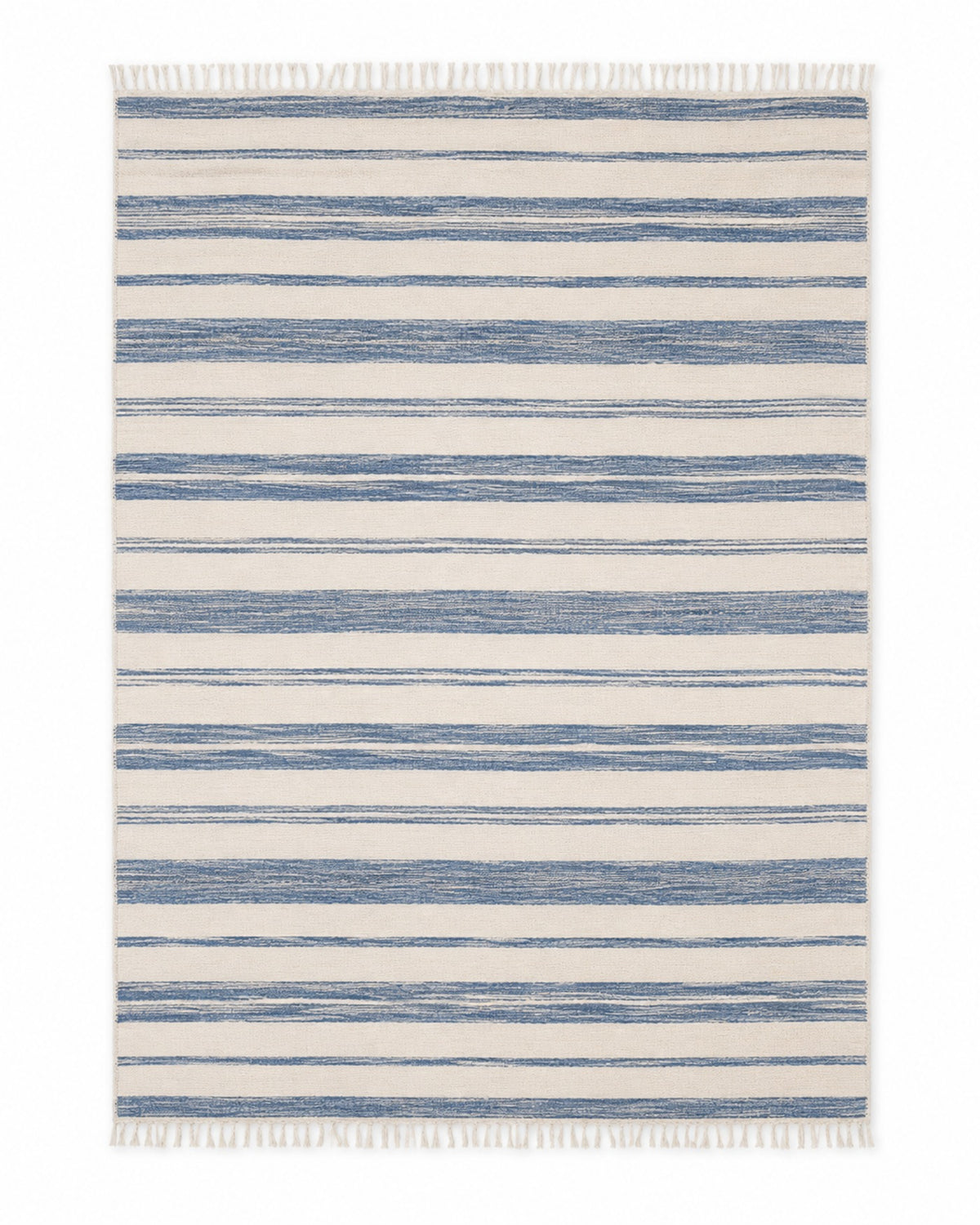 Blue and ivory handwoven cotton rug with hand-drawn style horizontal stripes and fringe