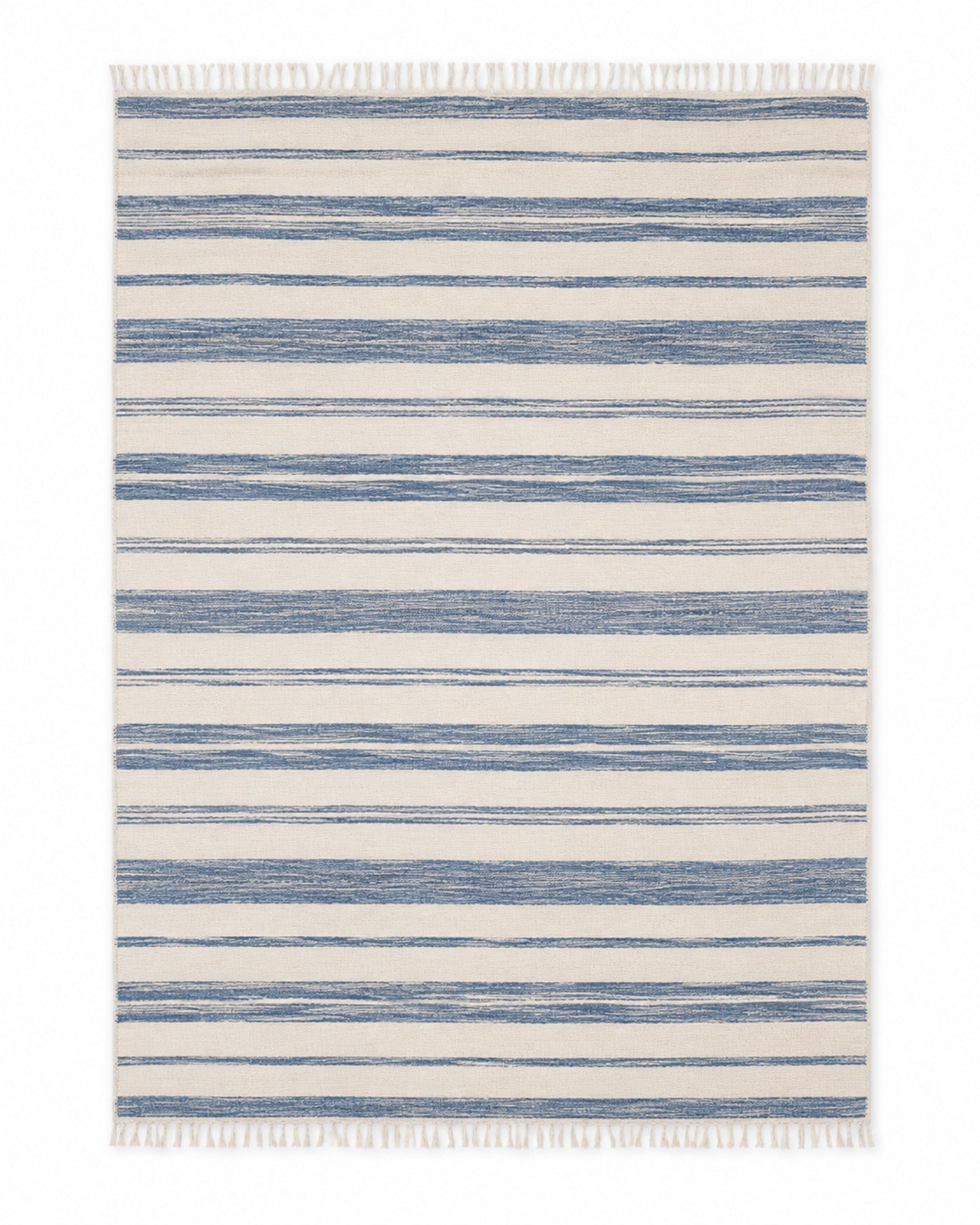 Blue and ivory handwoven cotton rug with hand-drawn style horizontal stripes and fringe