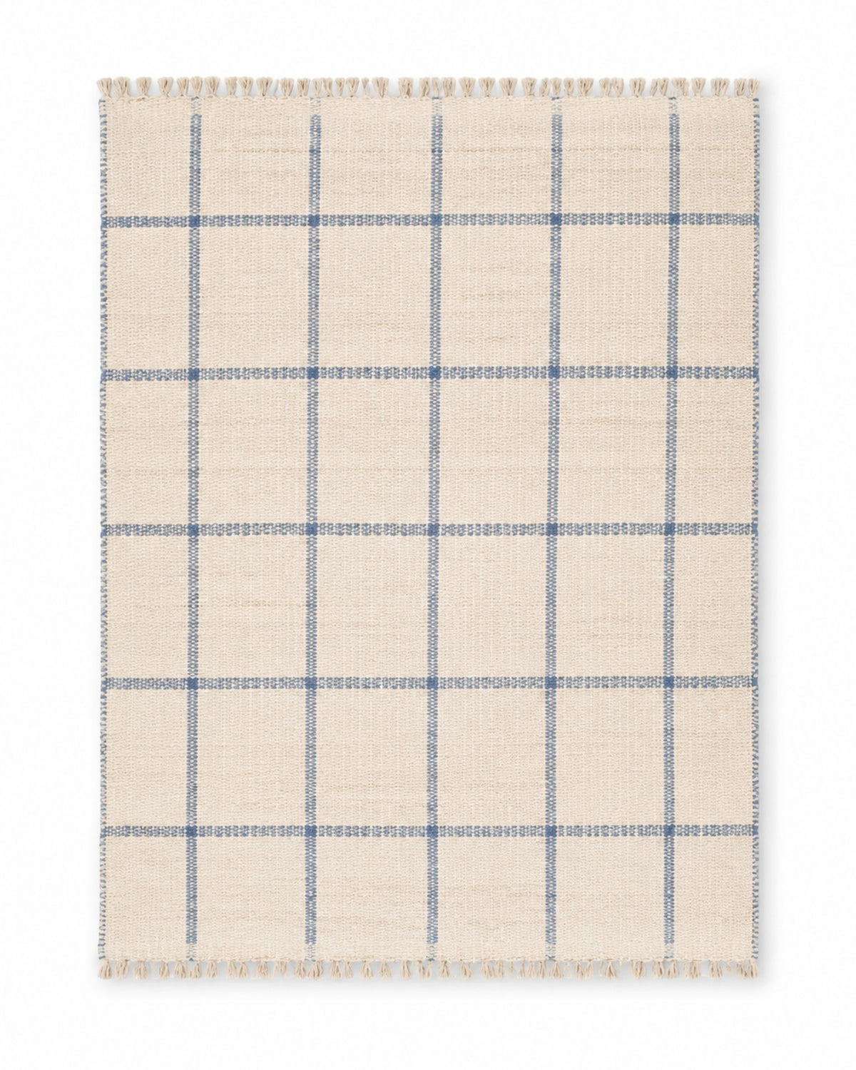 Blue and ivory handwoven cotton rug with windowpane check and fringe