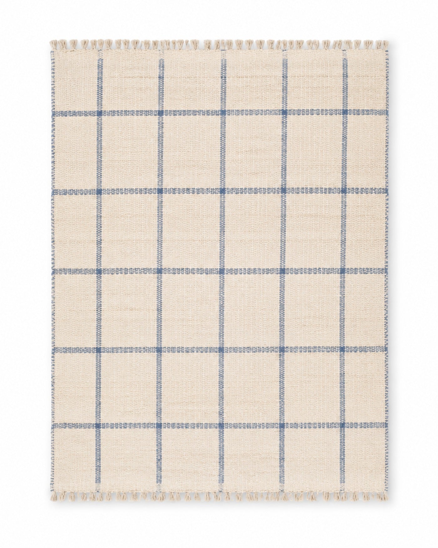 Blue and ivory handwoven cotton rug with windowpane check and fringe