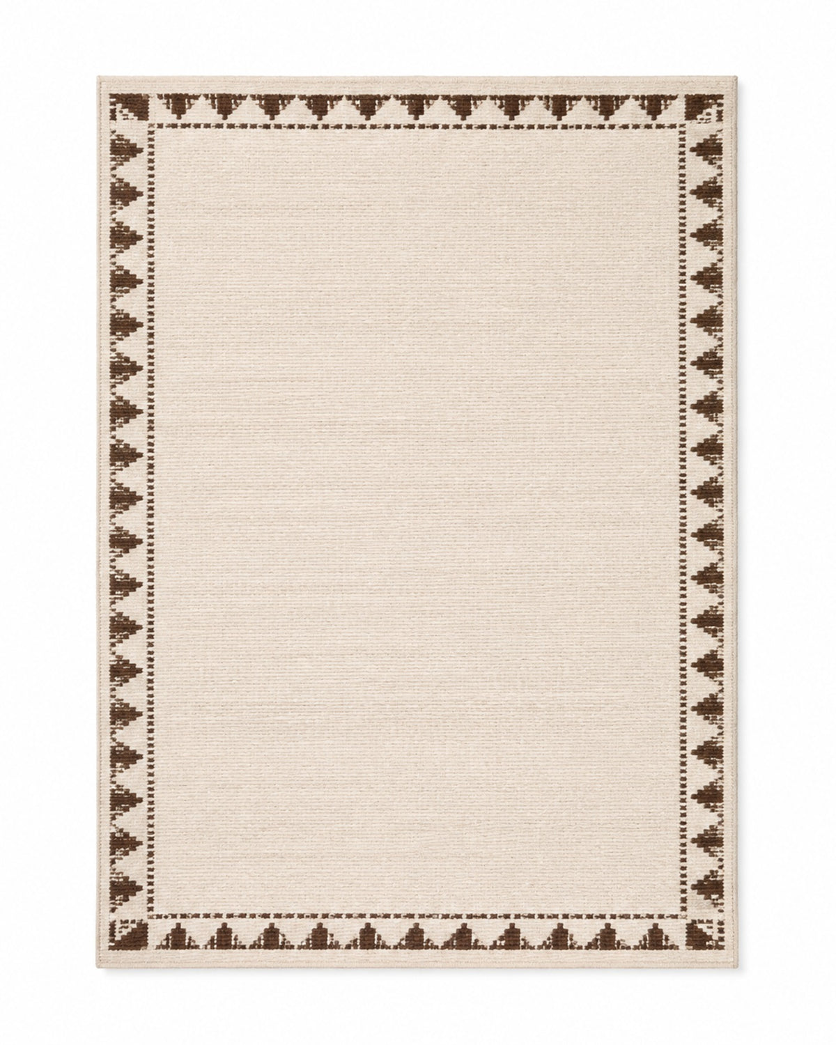 Ivory handwoven cotton rug with brown triangular geometric border